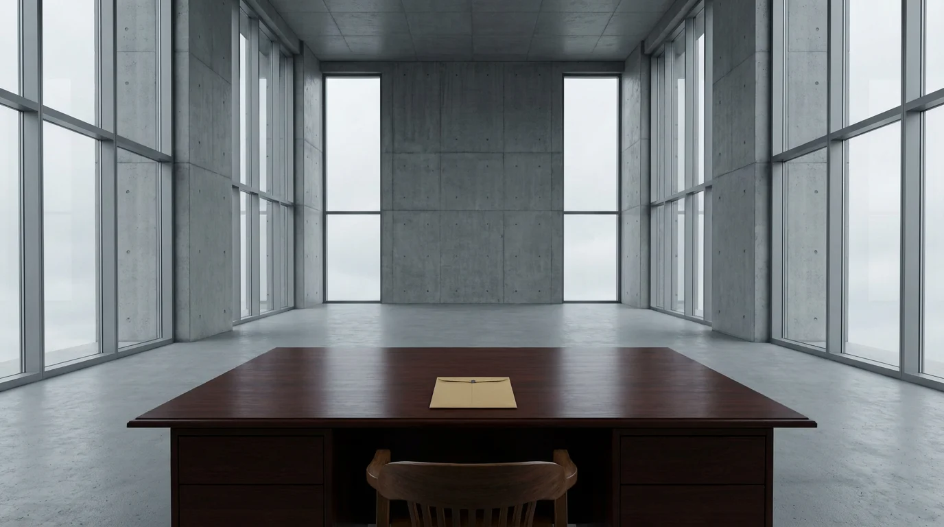 A stark, empty government office with a single sealed envelope on a large desk.