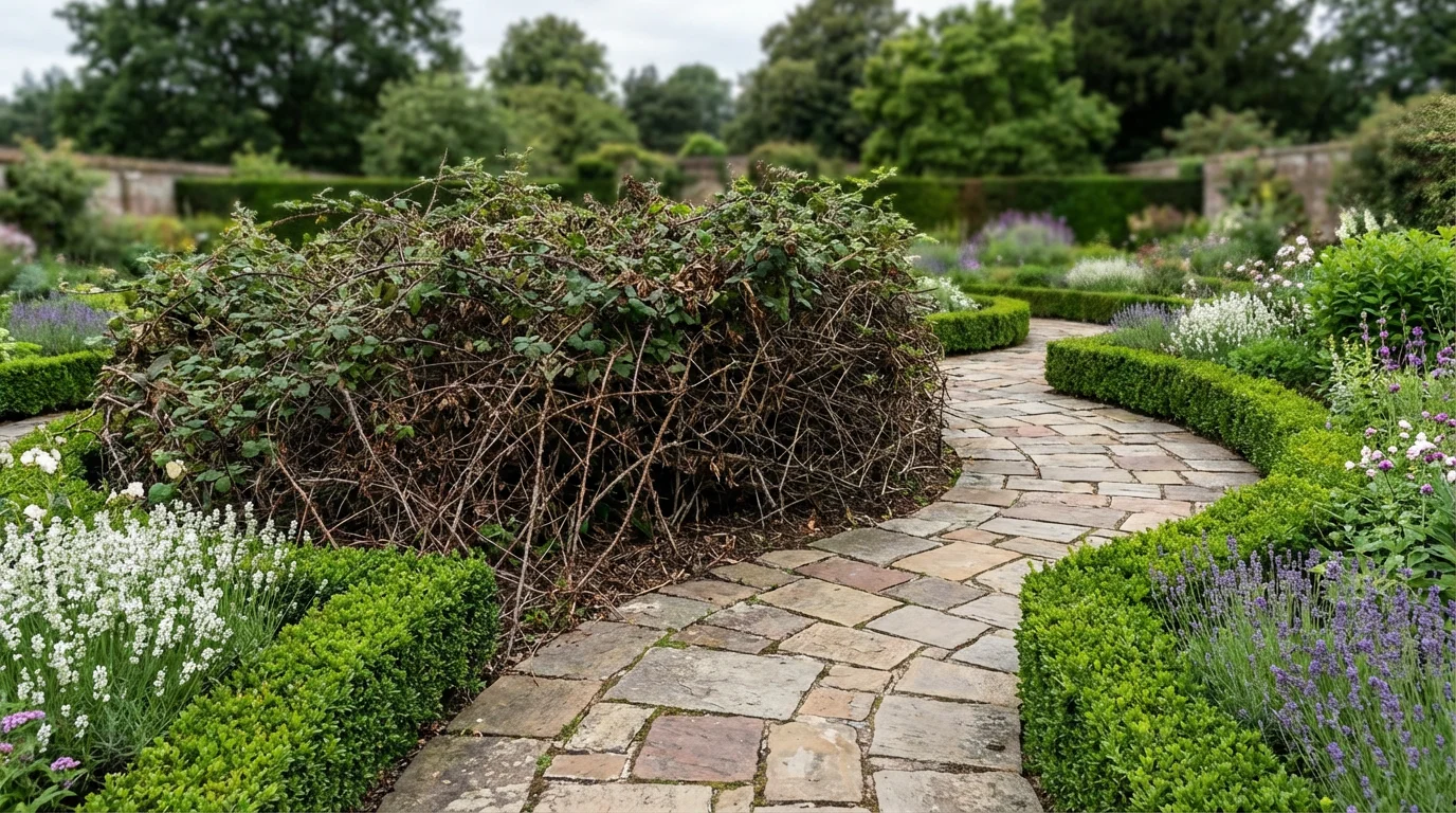 A stone garden path is completely blocked by a large, thorny bramble bush.
