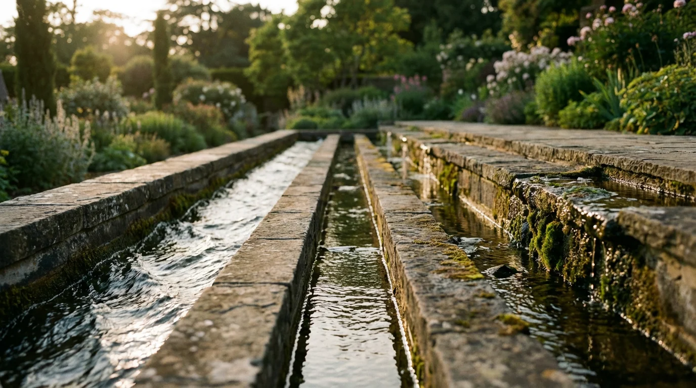 A stone water feature with multiple channels showing varying water flow at golden hour.