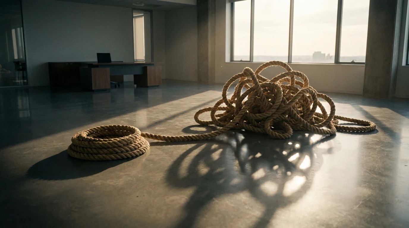 A thick, tangled rope lies on a polished concrete office floor in afternoon light.