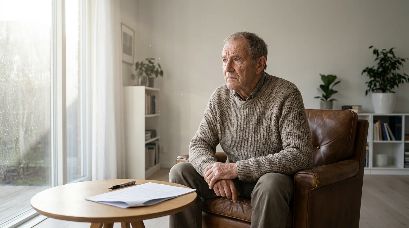 A thoughtful senior man sits in an armchair, considering his end-of-life wishes and living will.