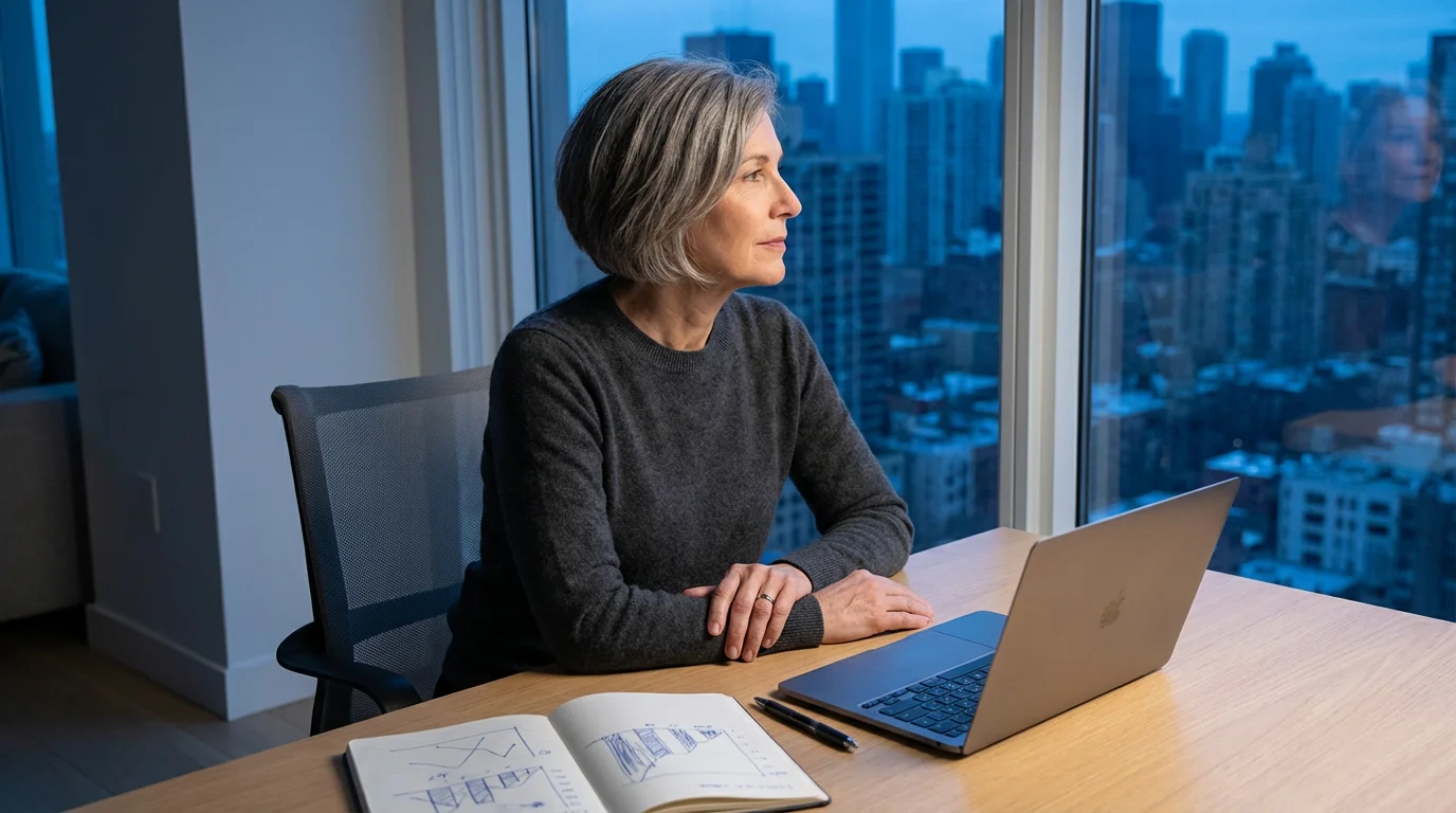 A thoughtful woman in her 60s plans her finances at a desk during evening.
