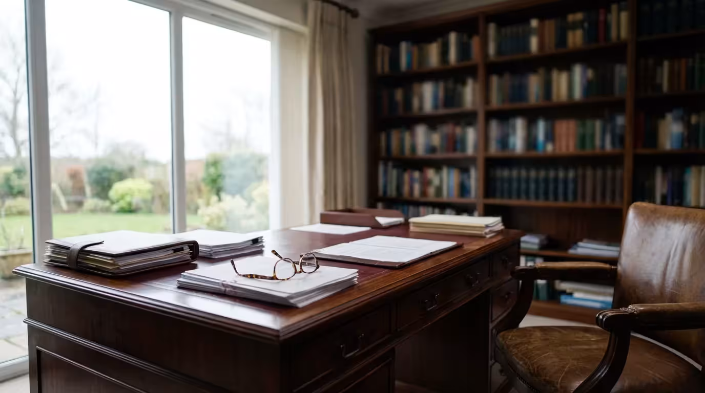 A tidy home office desk with estate planning documents under bright, diffused window light.