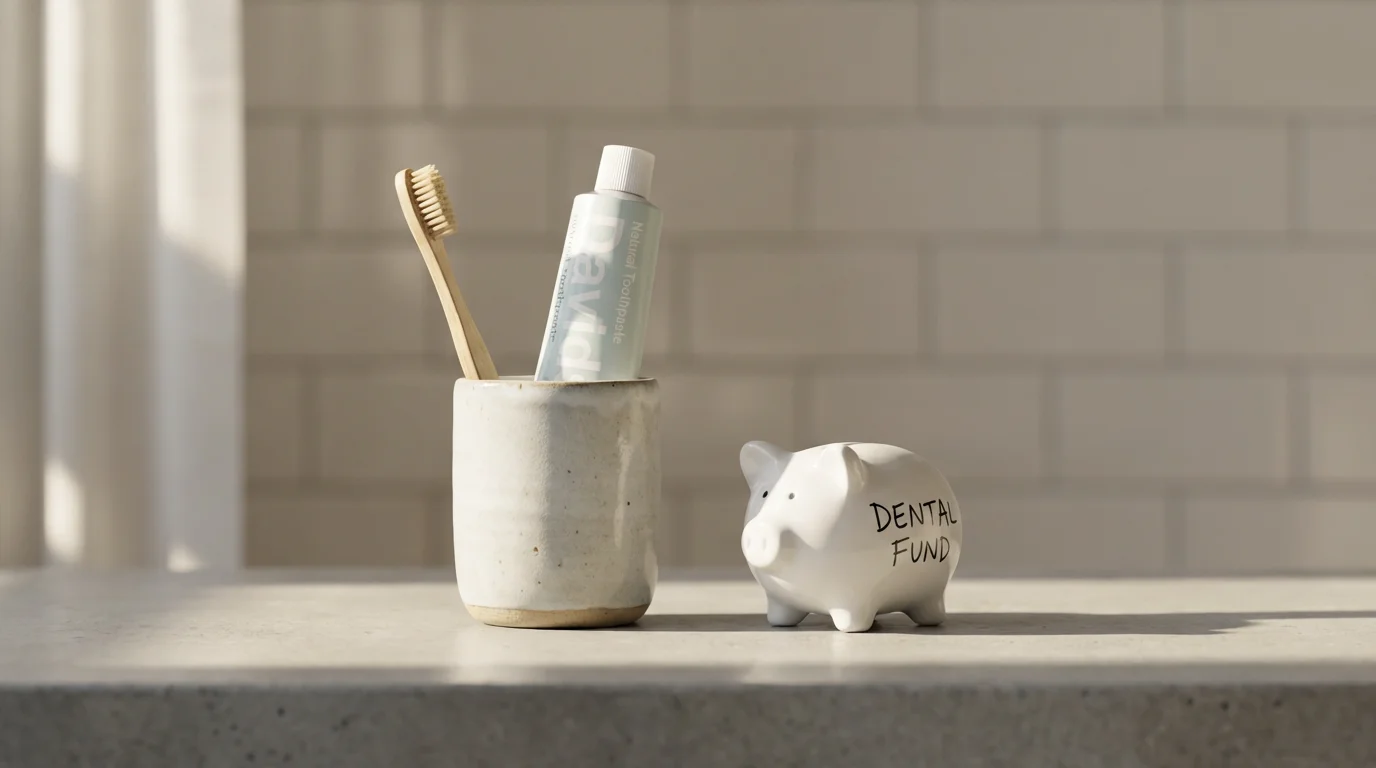 A toothbrush in a cup next to a small piggy bank on a counter.
