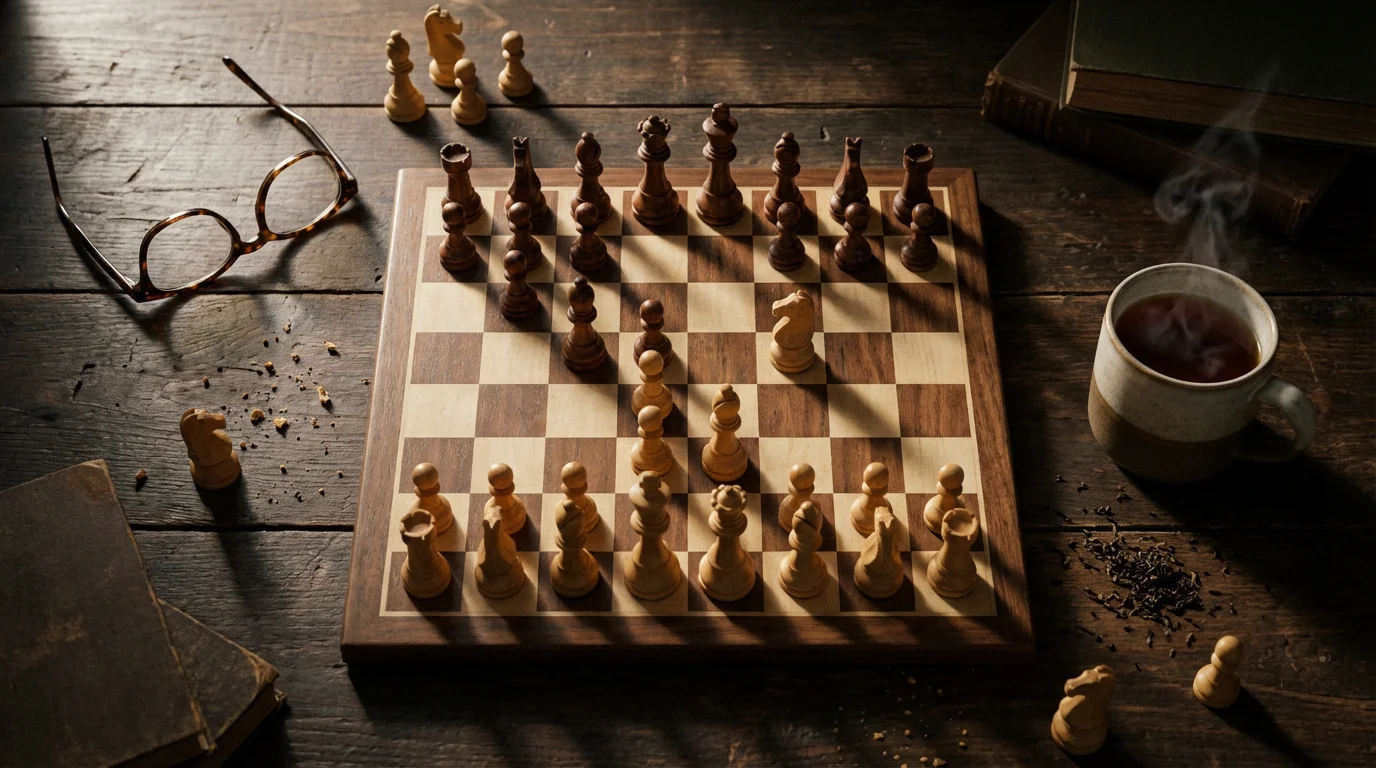 A top-down view of a wooden chess board mid-game, with tea and glasses.