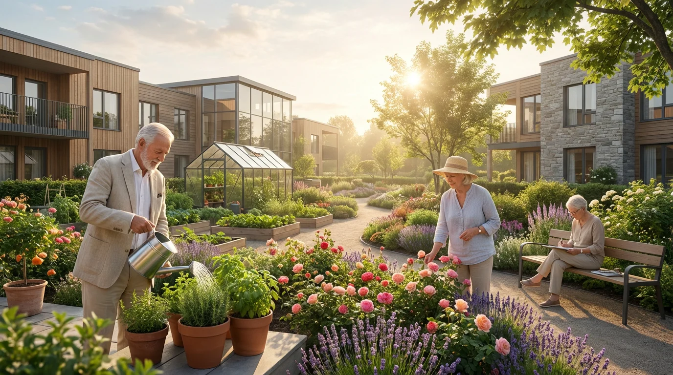A wide environmental shot of active seniors gardening in a beautiful senior living community garden.