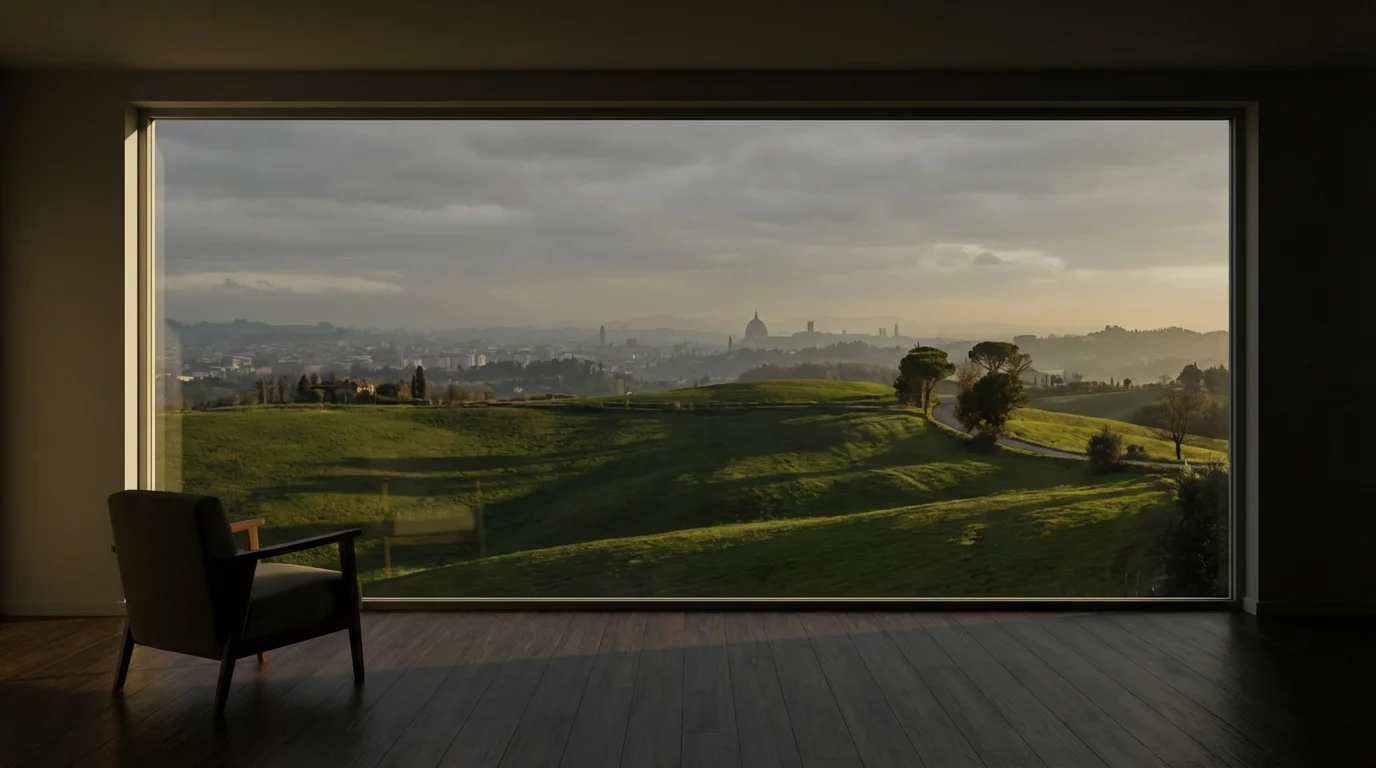 A wide, moody afternoon view of an American landscape from a modern home window.