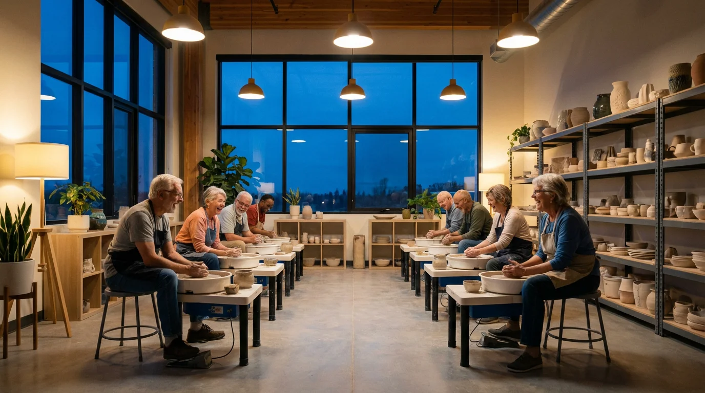 A wide shot of seniors enjoying a social evening pottery class in a studio.