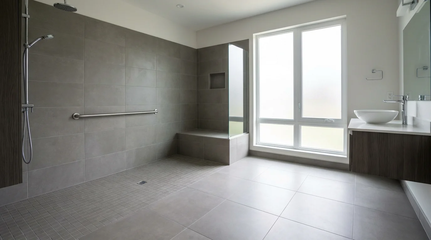 A wide view of a modern, accessible bathroom with a curbless shower and grab bar.