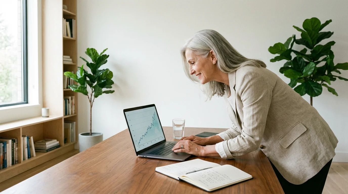 A woman at a sunlit desk in a modern home office planning retirement finances.