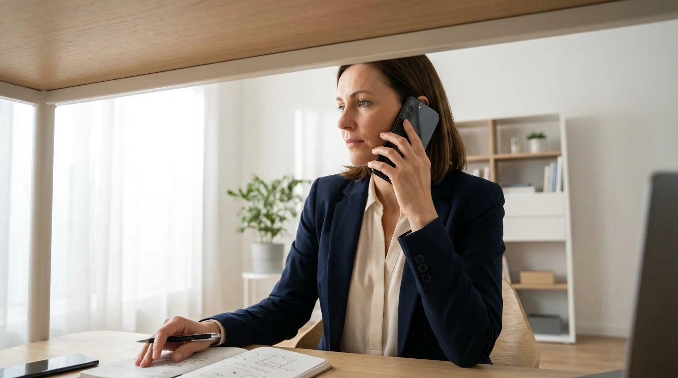 A woman in a modern home office thoughtfully takes a phone call while researching attorneys.