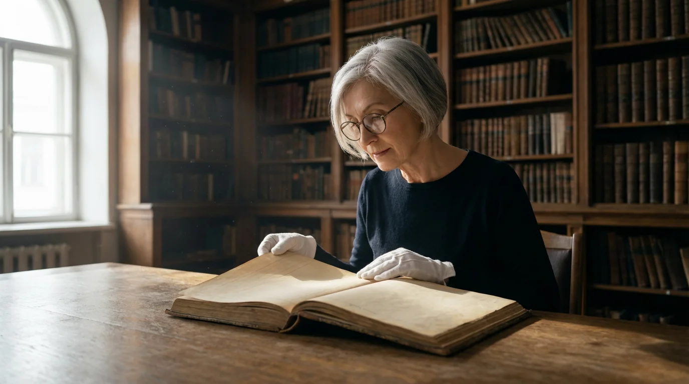 A woman in her 60s researching a large antique book in a sunlit library archive.