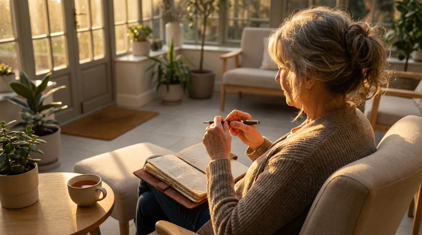 A woman in her sixties writing in a journal in a sunlit room at sunset.