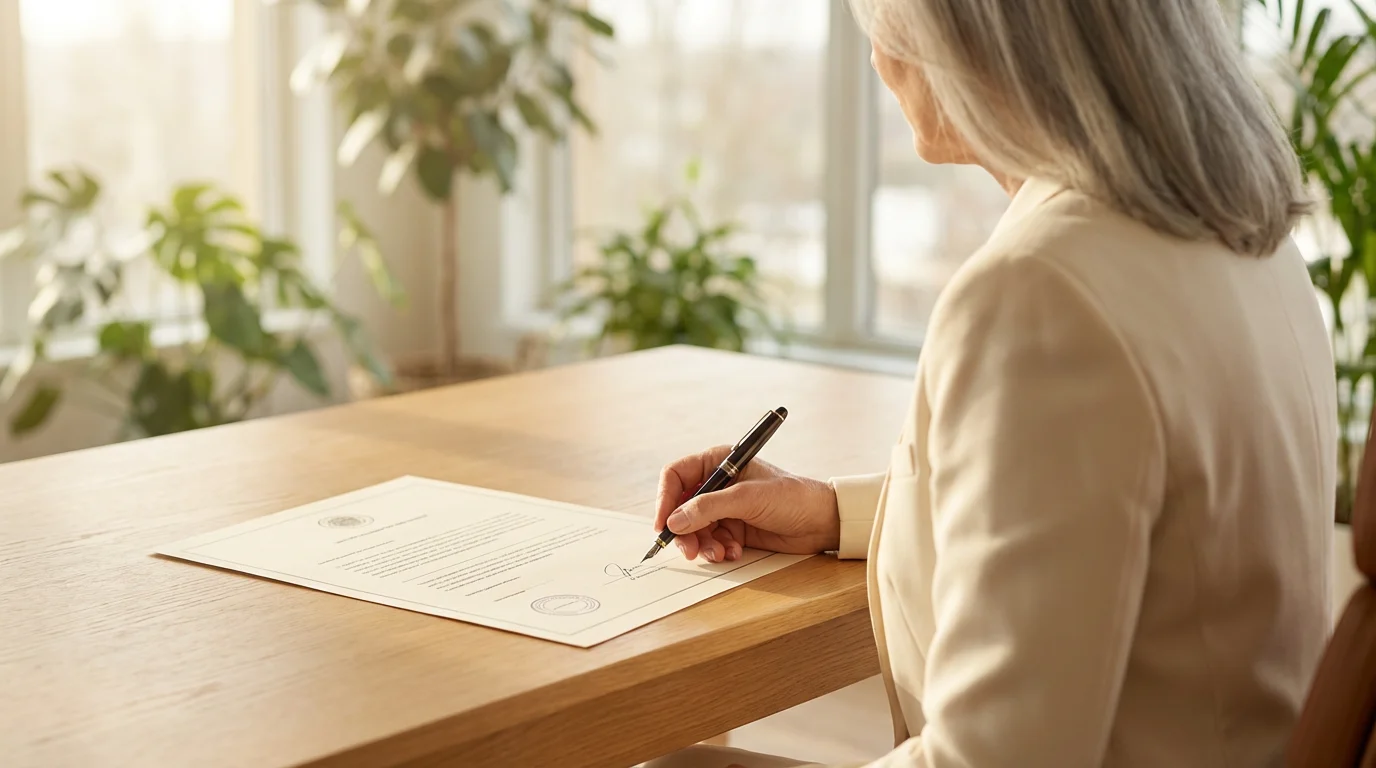 A woman sits at a sunlit desk, holding a pen over a legal document.