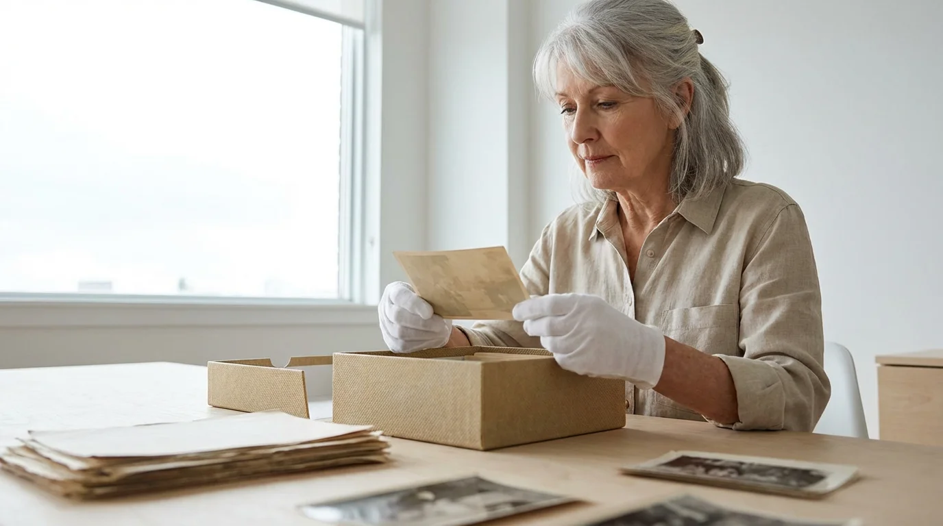 A woman wearing archival gloves carefully places an old photograph into a preservation box.