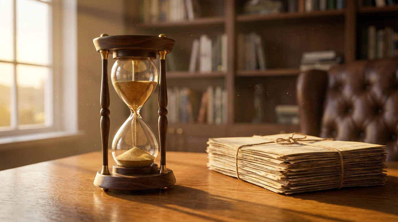 A wooden hourglass on a desk next to financial papers during a warm sunset.