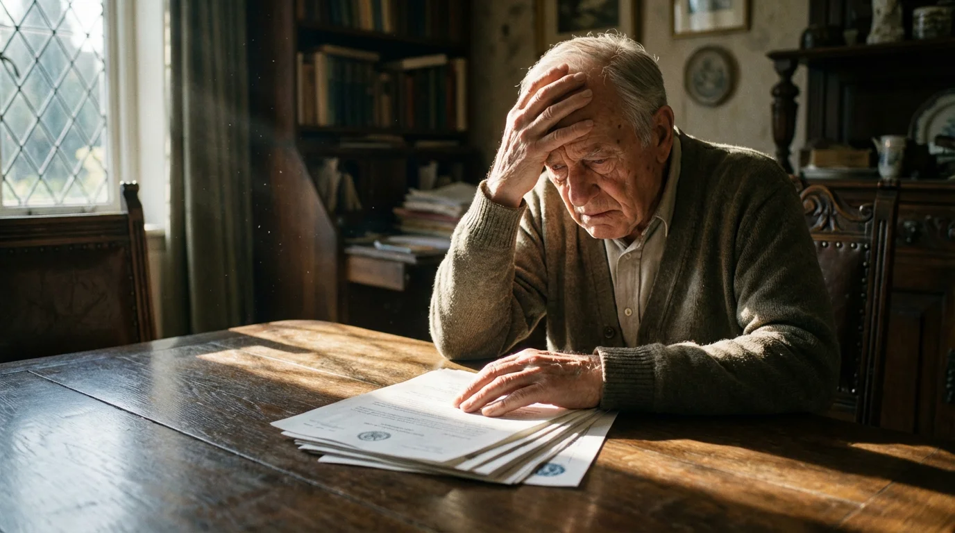 A worried elderly man sits alone at a table reviewing a stack of documents.