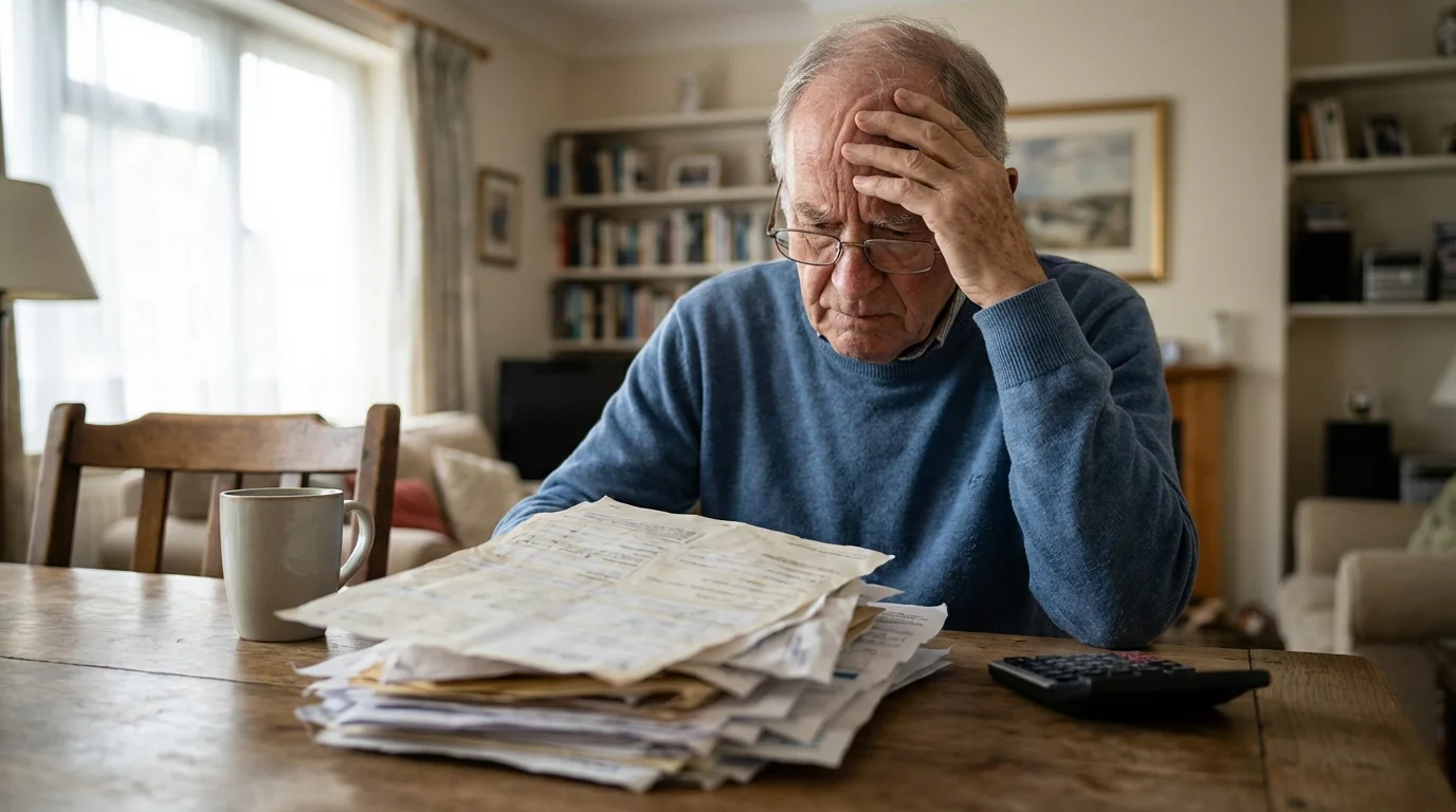 A worried senior man sits at a table reviewing a large stack of medical bills.