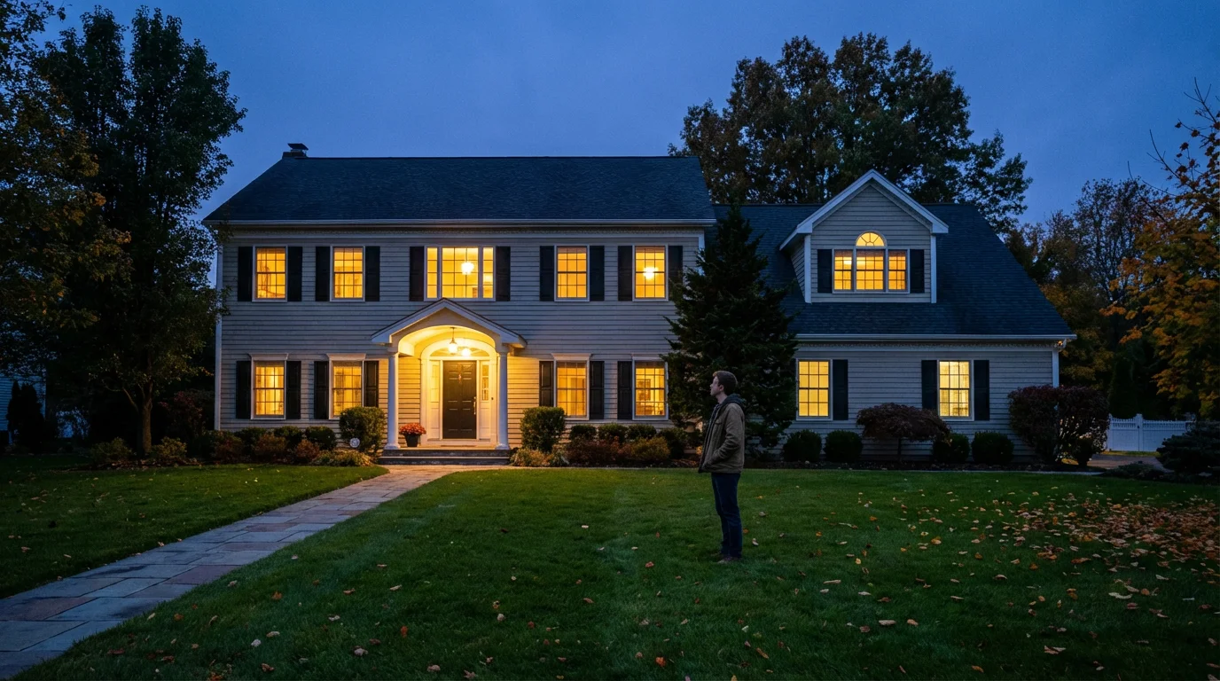 A young person standing on a lawn looking at a large house at twilight.
