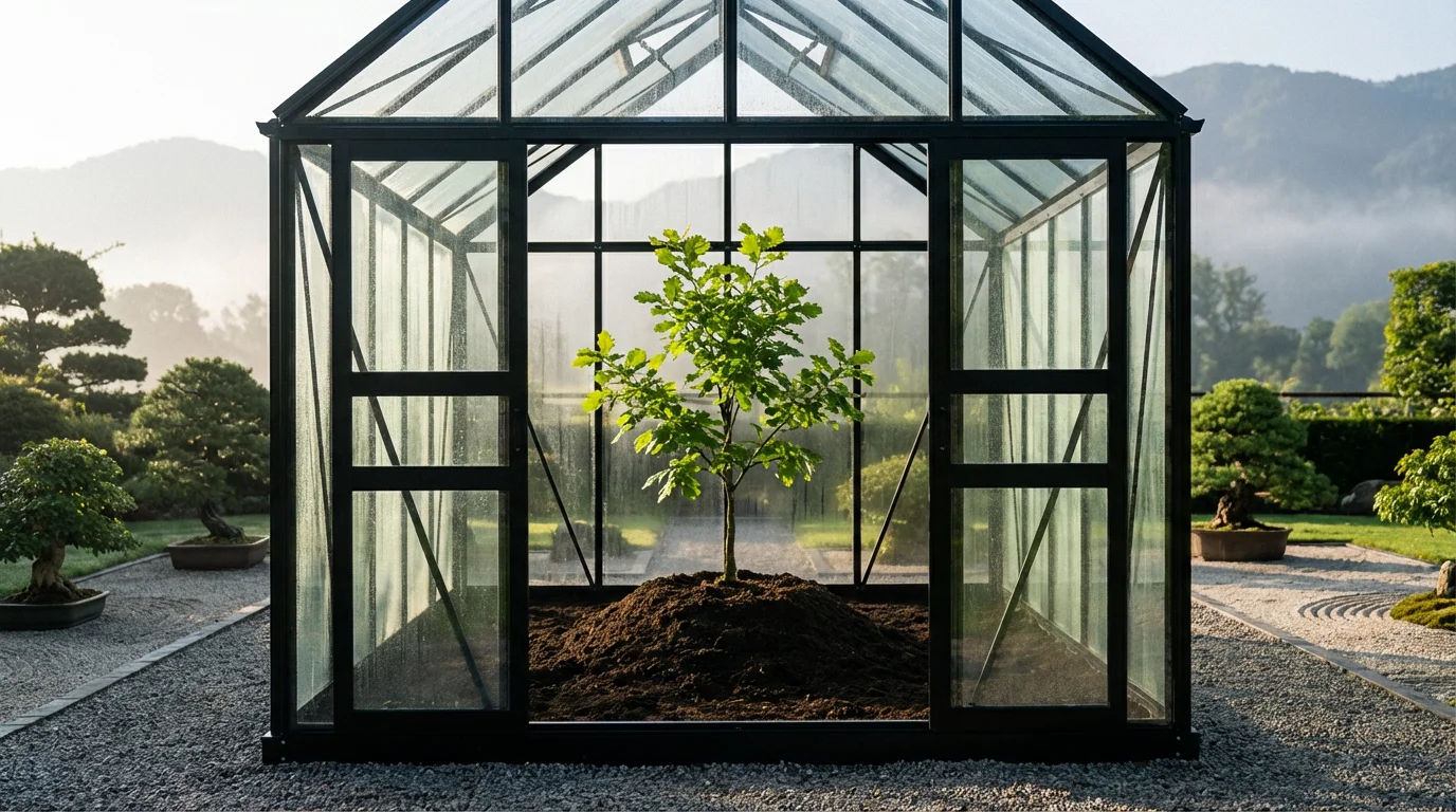 A young sapling growing securely inside a modern glass greenhouse in a serene garden.