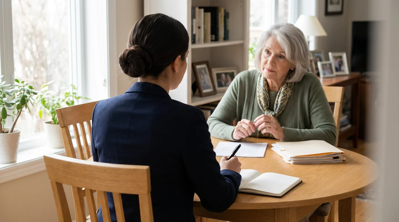 A young woman helps an older woman prepare official documents at a sunlit table.