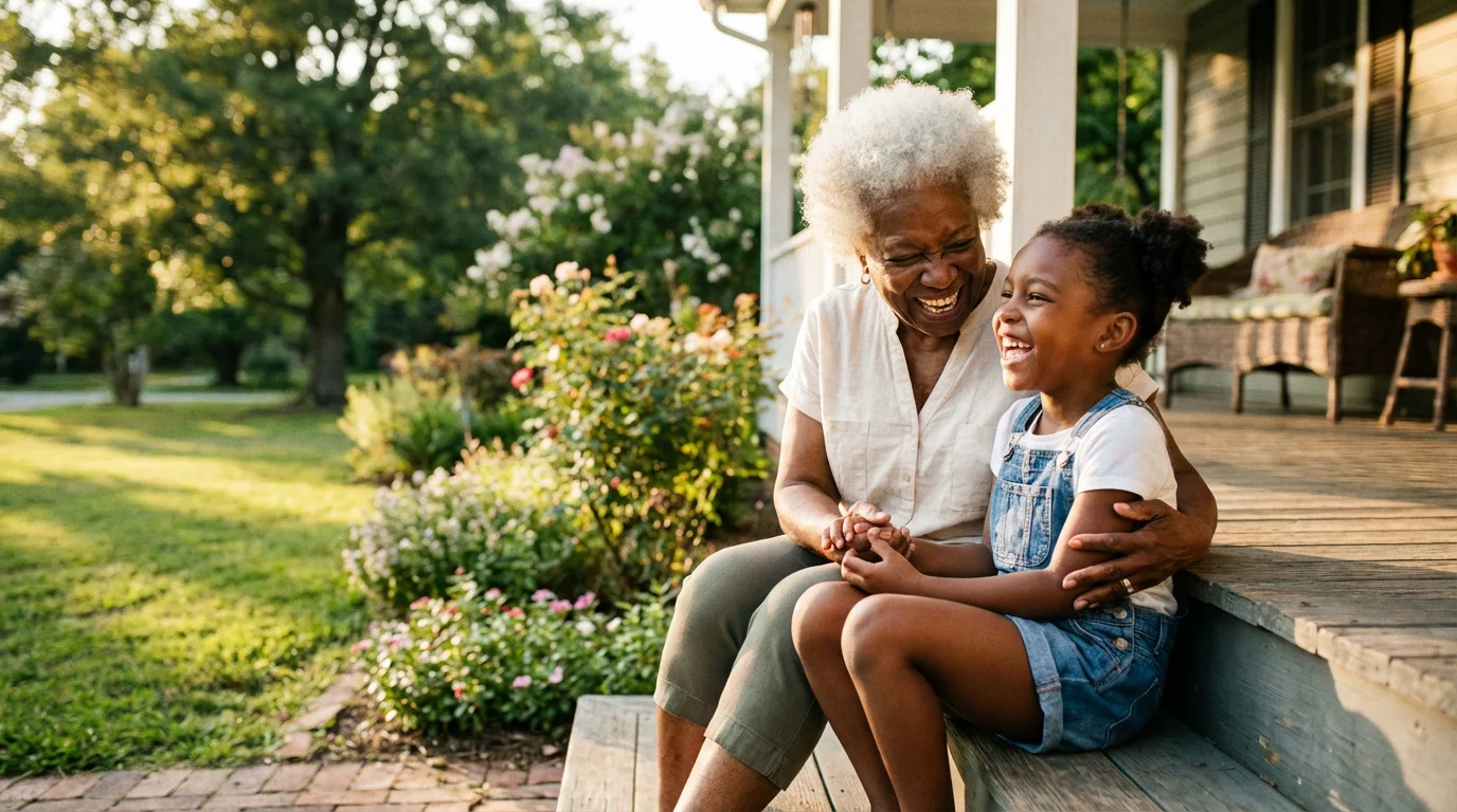 An elderly Black woman and her granddaughter laughing together on a porch at sunset.