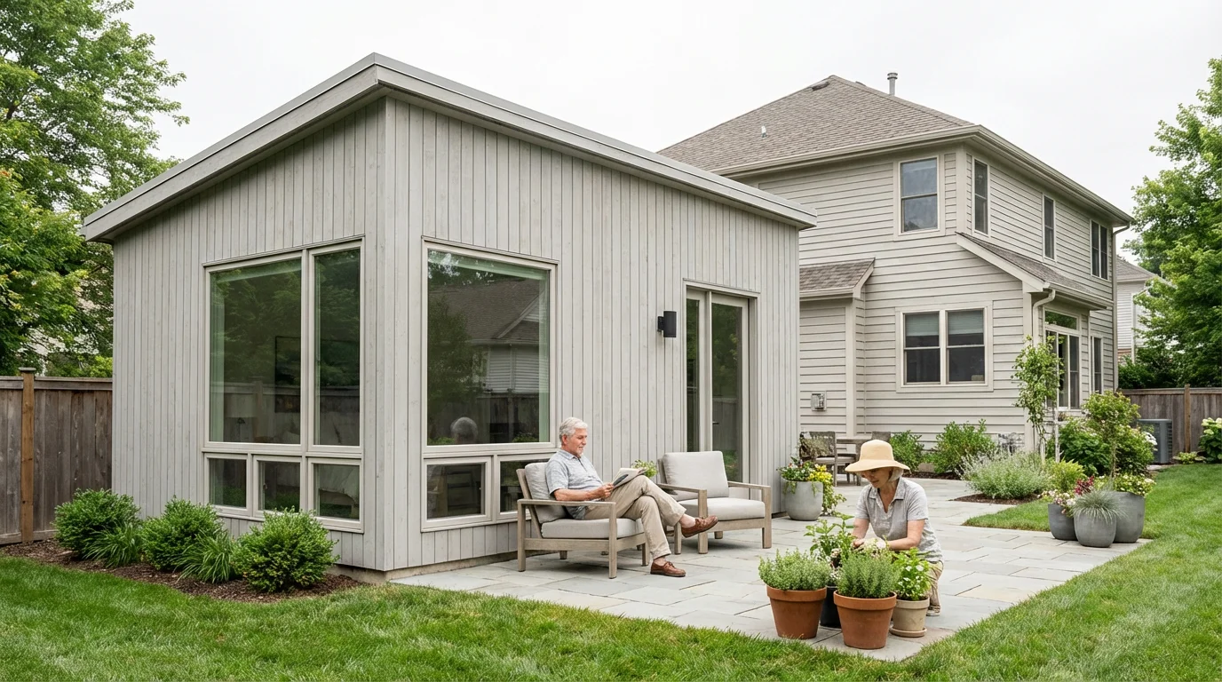 An elderly couple enjoys the patio of their backyard accessory dwelling unit.