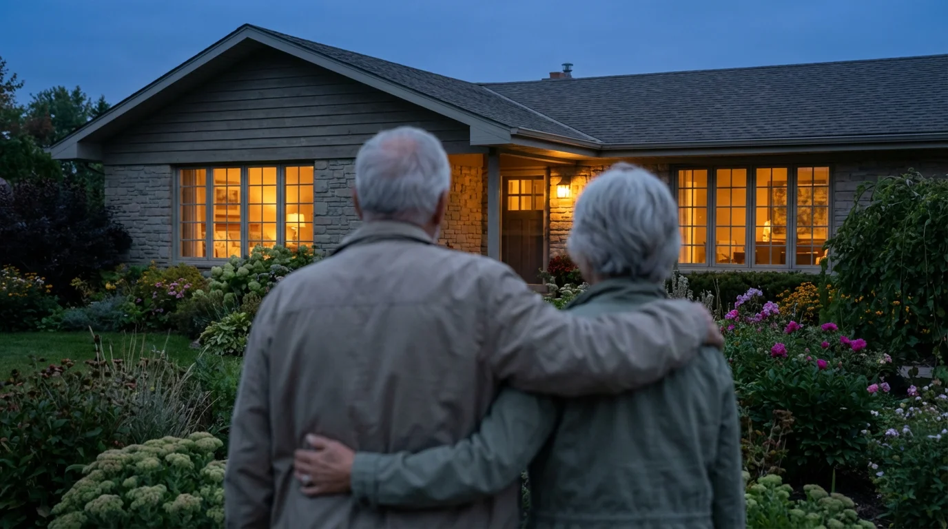 An elderly couple seen from behind looking at their warmly lit home at dusk.
