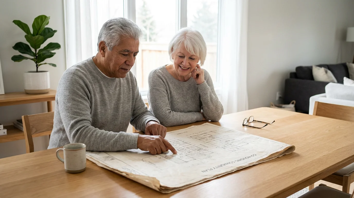 An elderly couple sits at a table, looking at architectural blueprints for a co-housing community.