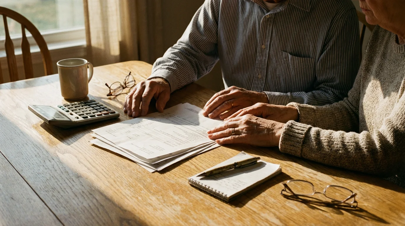 An elderly couple sits at a table with a calculator, planning home modification finances.