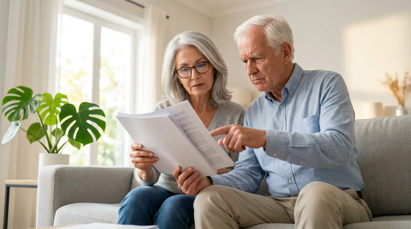 An elderly couple sits on a sofa, intently examining a residency agreement document together.