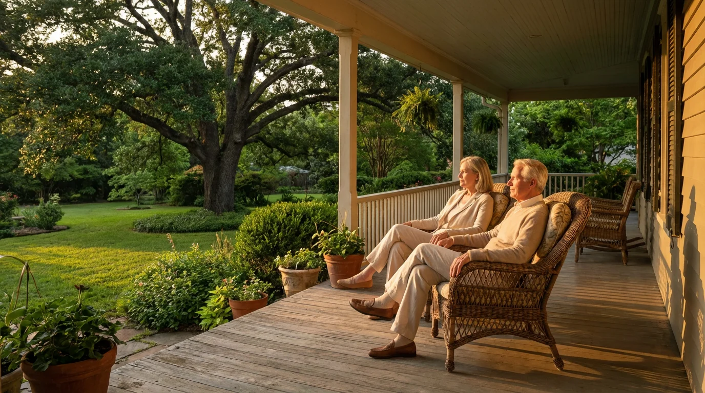 An elderly couple sits thoughtfully on their home's back porch during a warm sunset.