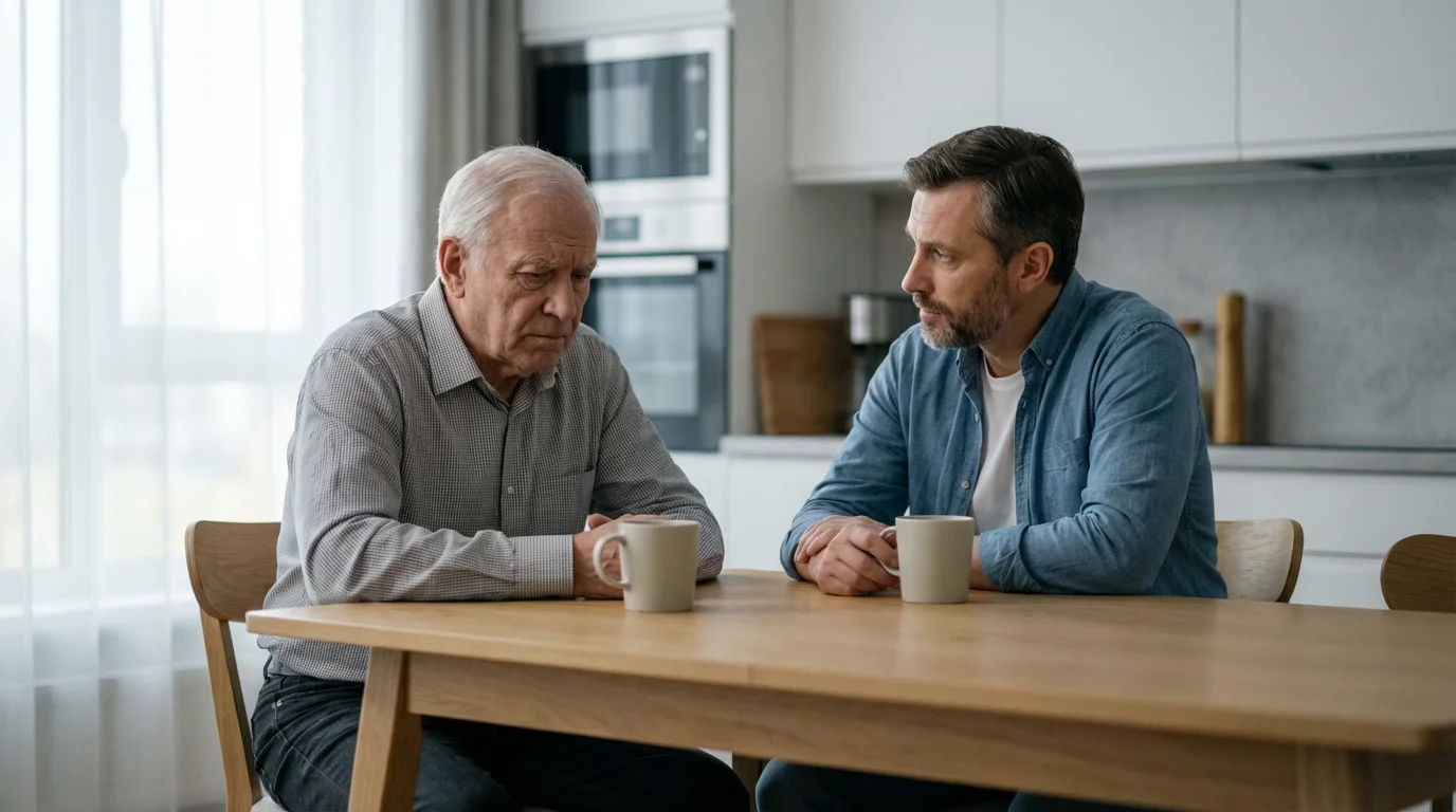 An elderly father and his adult son having a serious conversation at a kitchen table.