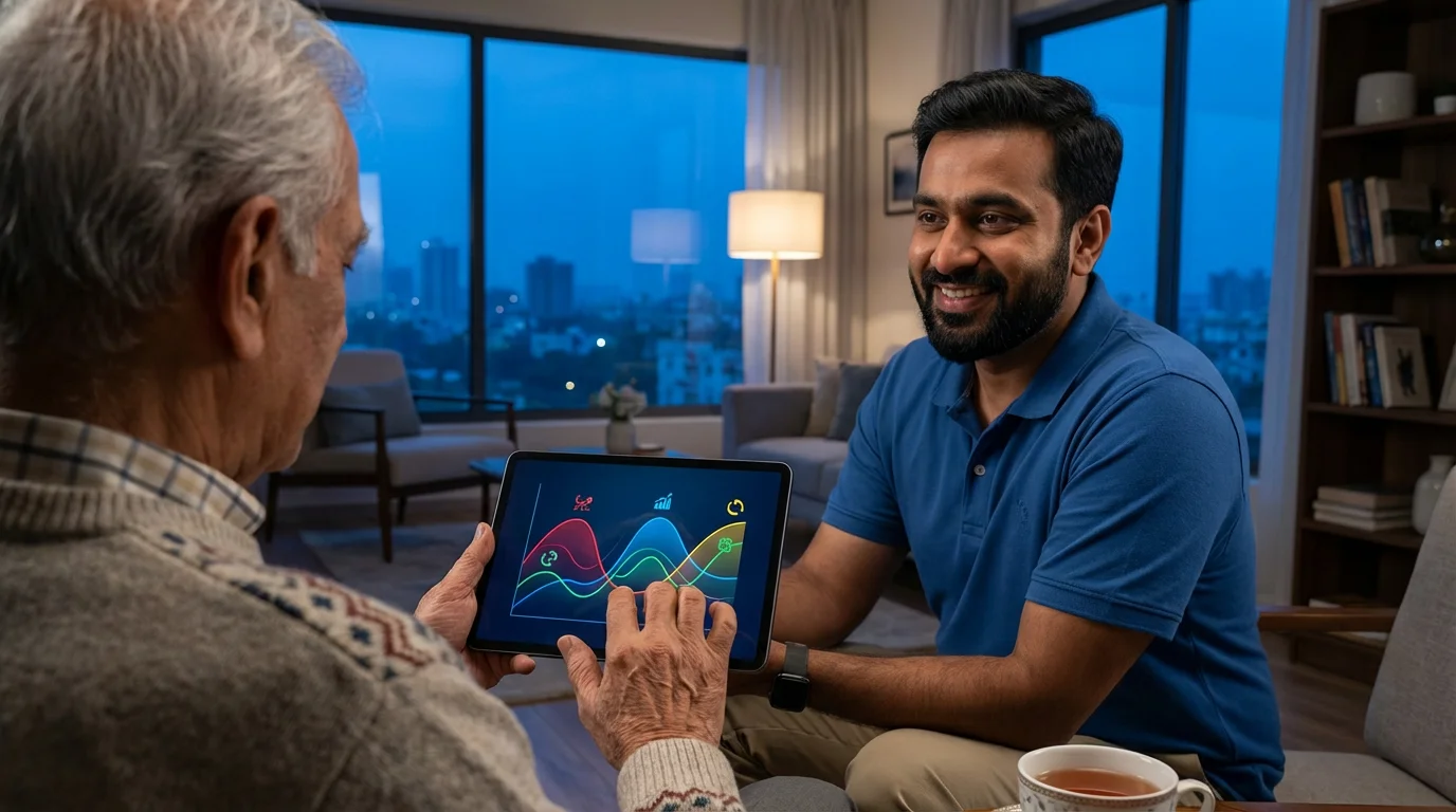 An elderly man and a home health aide review different plan options on a tablet.