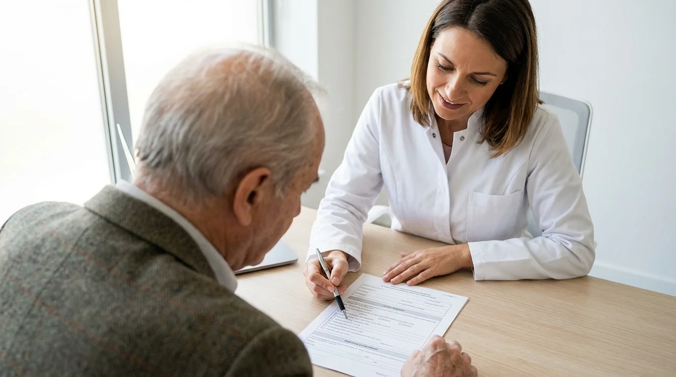 An elderly man and his doctor review a blank official form in a sunlit office.