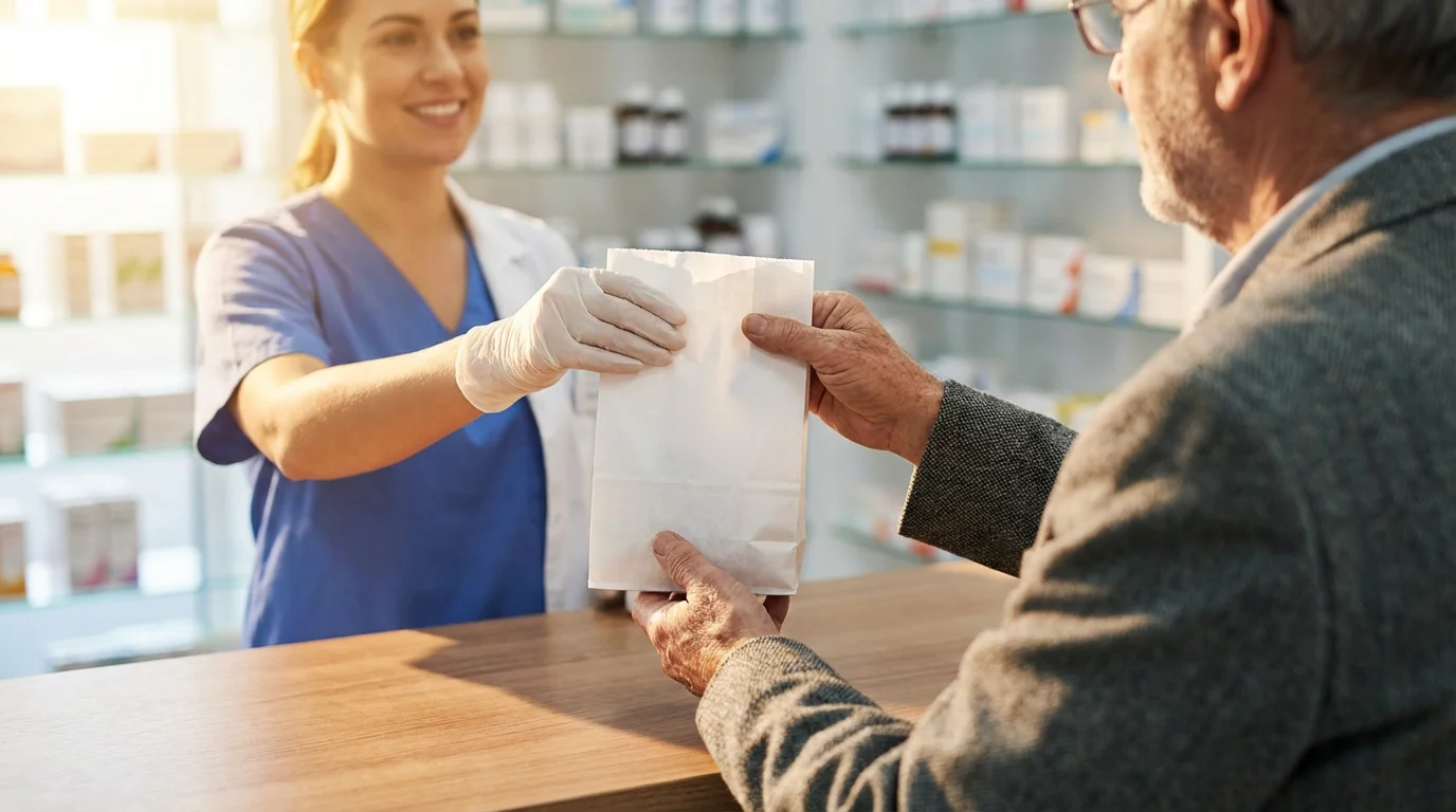 An elderly man at a pharmacy counter receiving a prescription from a pharmacist.