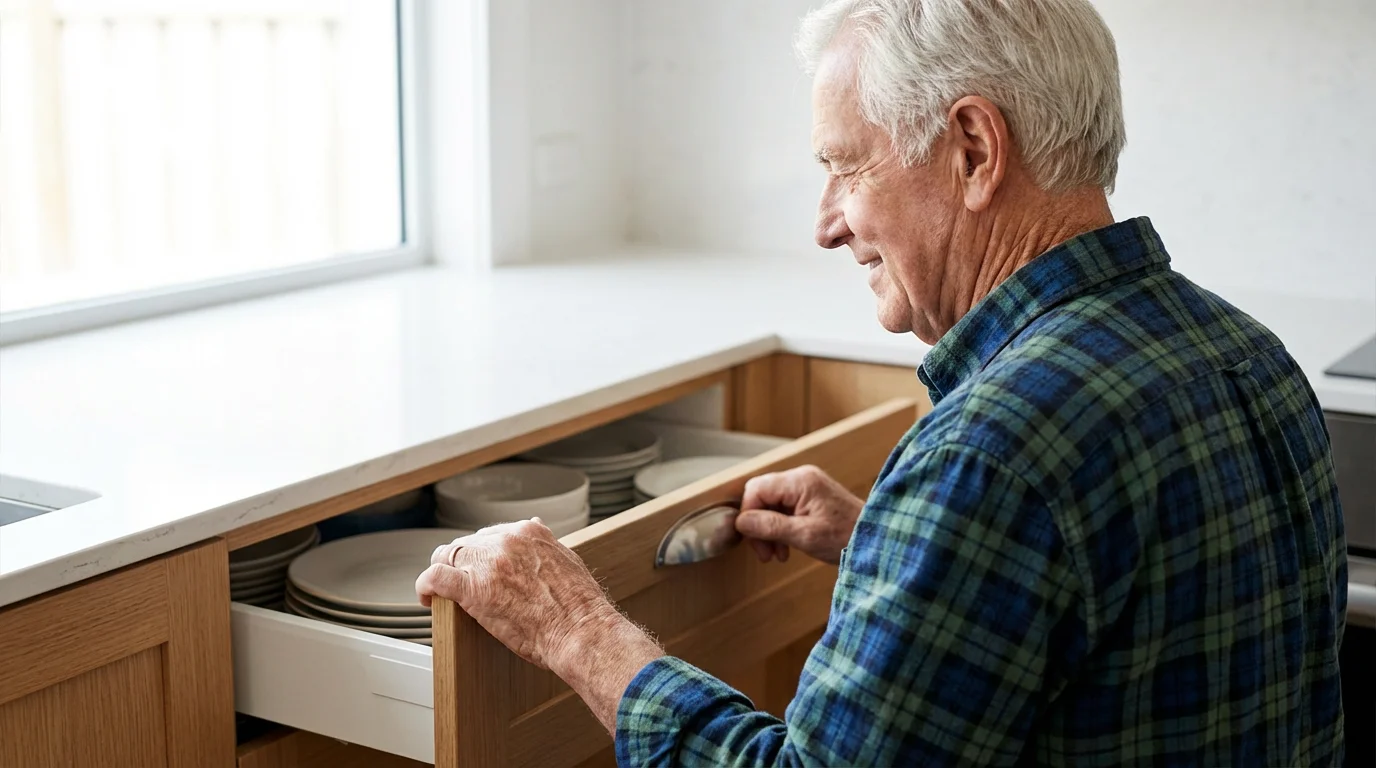 An elderly man easily accessing plates from an accessible pull-out drawer in a modern kitchen.