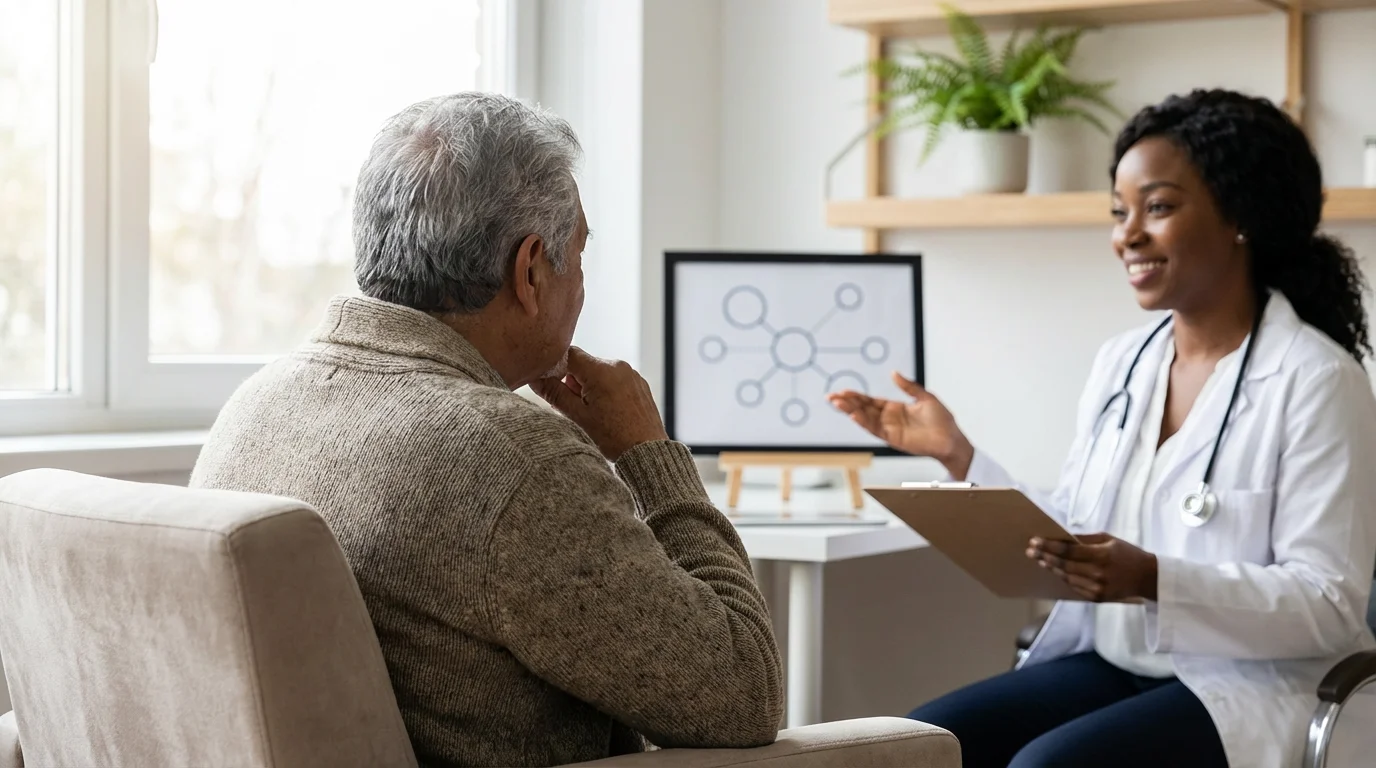 An elderly man seen from over his shoulder during a caring consultation with his doctor.