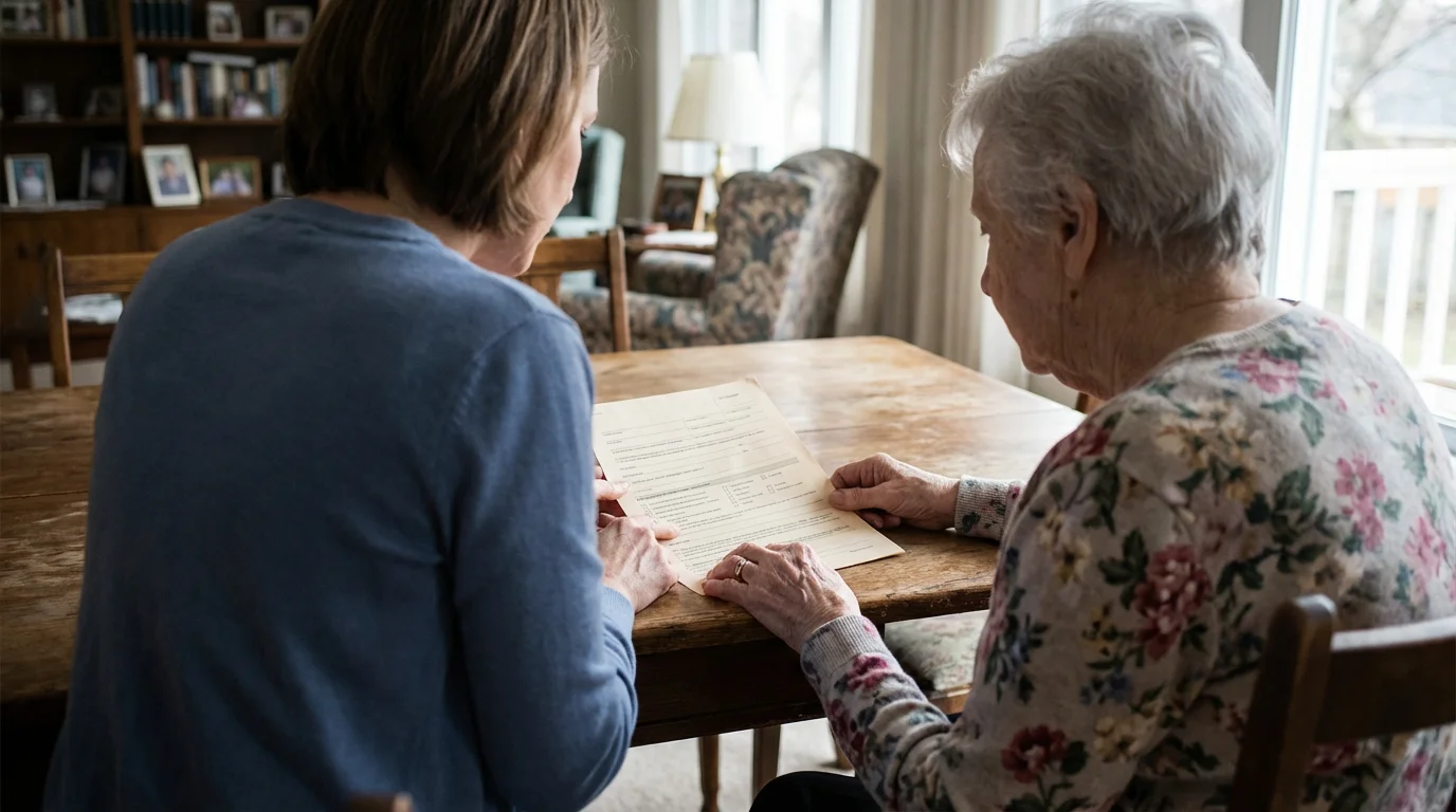 An elderly mother and her adult daughter review advance care planning documents at a table.