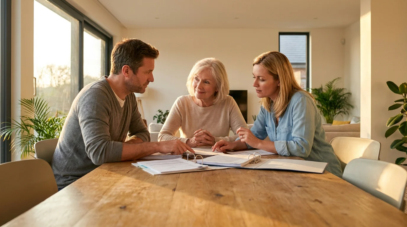 An elderly mother and her two adult children review legal documents at a table.
