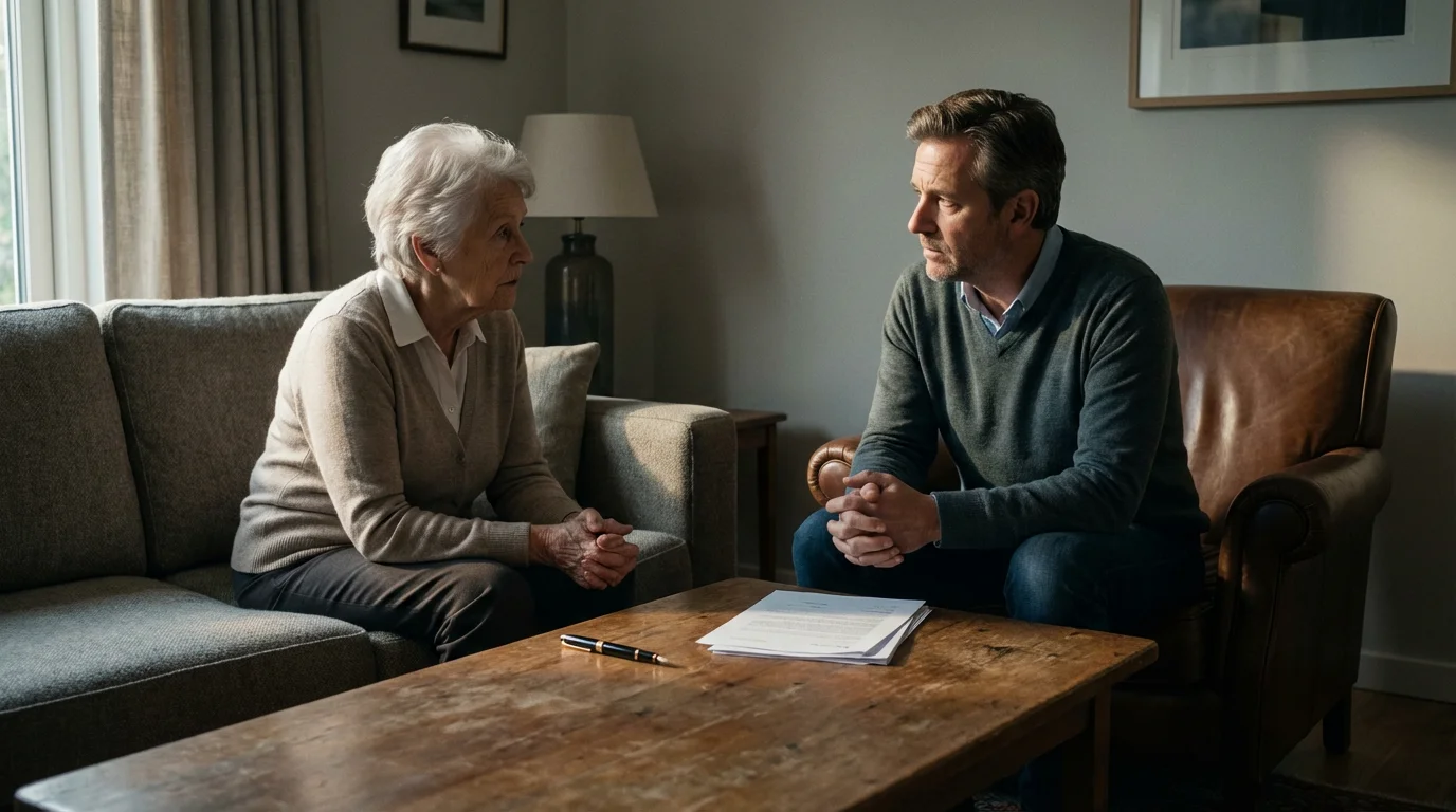 An elderly parent and adult child having a serious planning discussion in a living room.