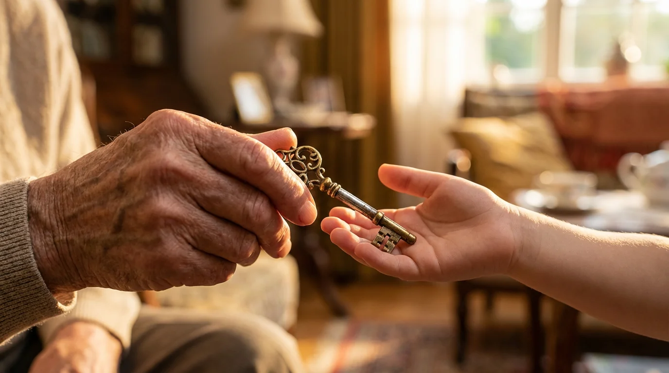 An elderly person's hand gives a vintage key to a young child's hand.