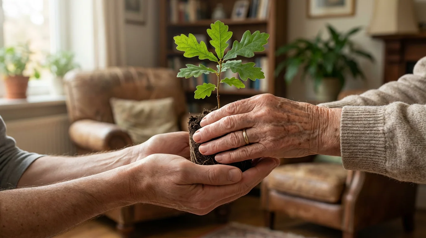 An elderly person's hands gently placing a small tree sapling into a younger person's hands.