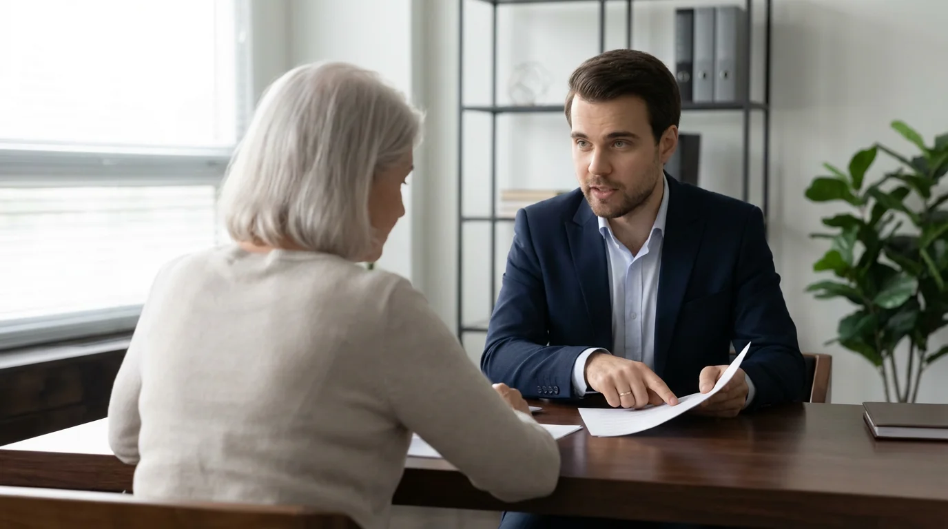 An elderly woman discusses official documents with a professional in a sunlit office.