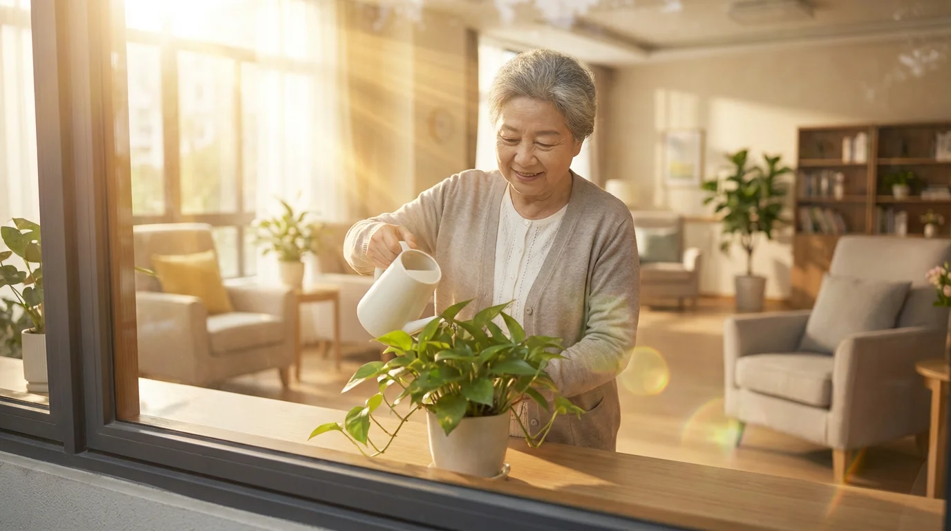 An elderly woman in an assisted living facility tending to a plant by a sunny window.