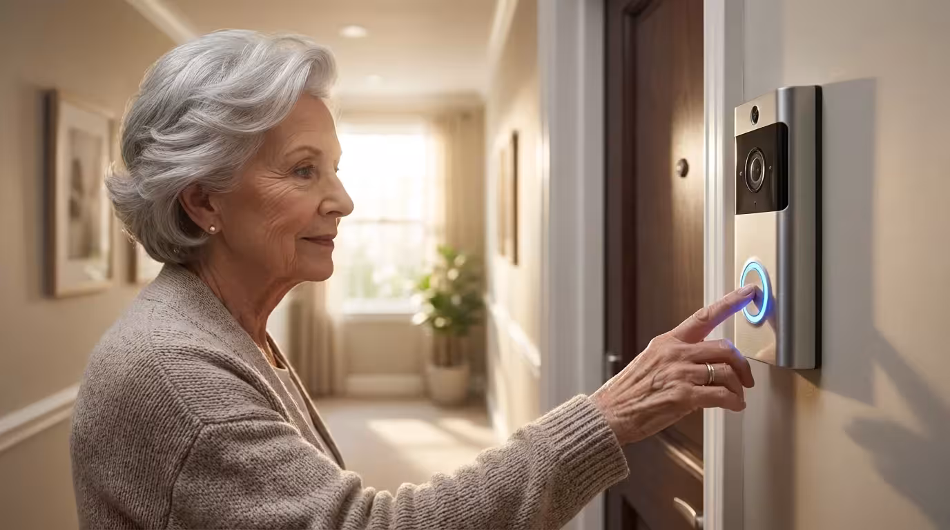 An elderly woman's hand reaching for a modern video doorbell in a brightly lit apartment.