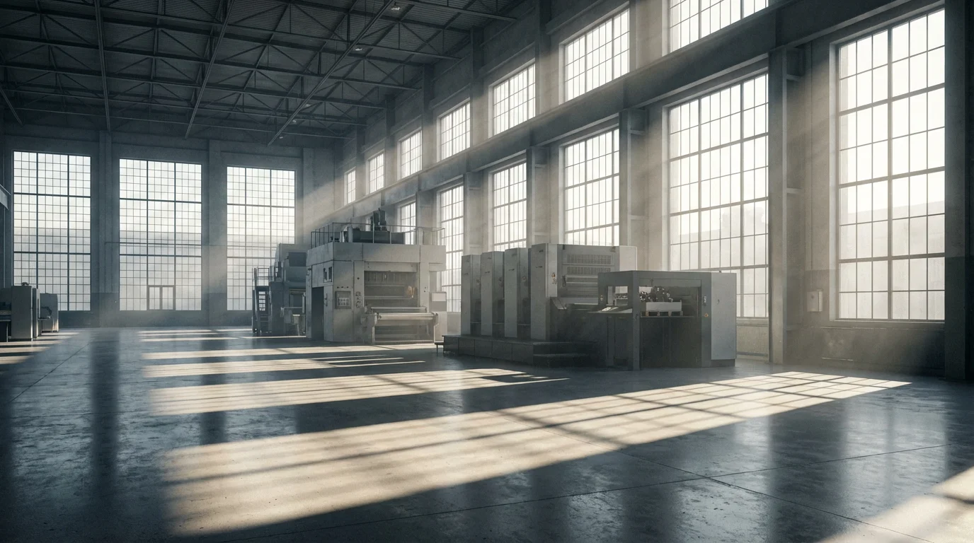 An empty, modern factory floor with machinery, illuminated by soft morning light from large windows.