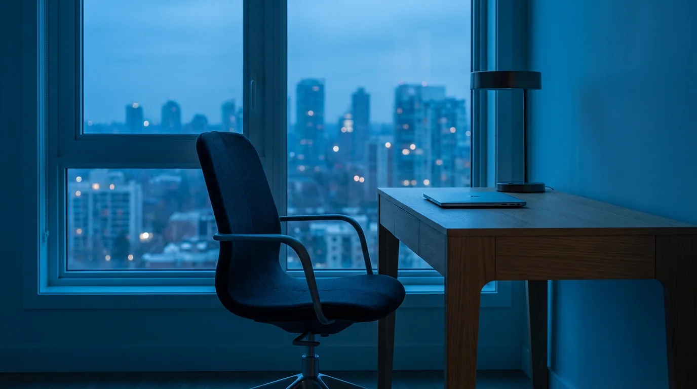 An empty modern office chair sits at a desk during blue hour.