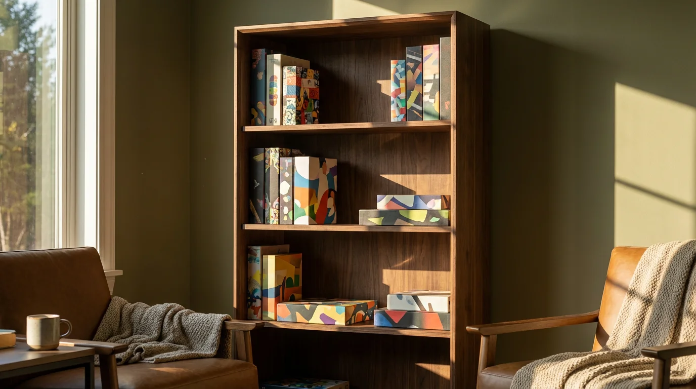 An eye-level view of a bookshelf filled with modern board games in moody afternoon light.