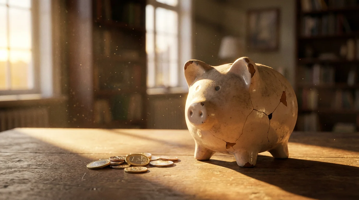An old, dusty piggy bank on a wooden table next to a small pile of coins.